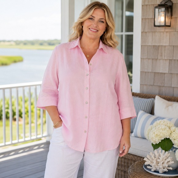 david n woman Tops - David N Woman 100% Linen Button Front Top Tunic Blouse 3/4 Sleeve Pink Womens 1X